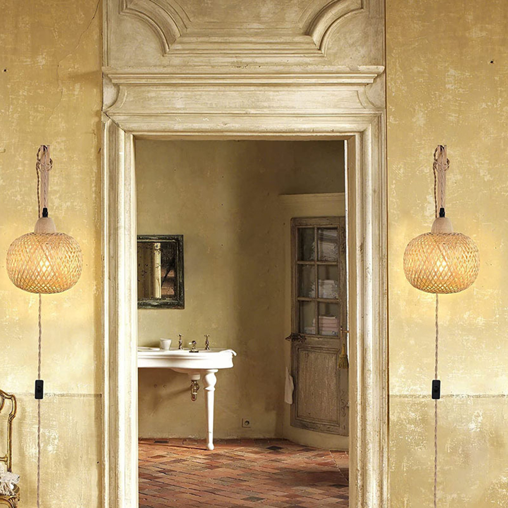 Rustic Farmhouse Bamboo Woven Wall Lamp