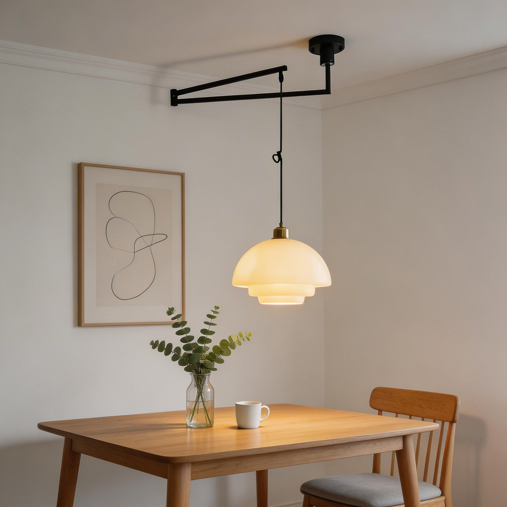 Modern White Glass Adjustable Swing Arm Pendant Light