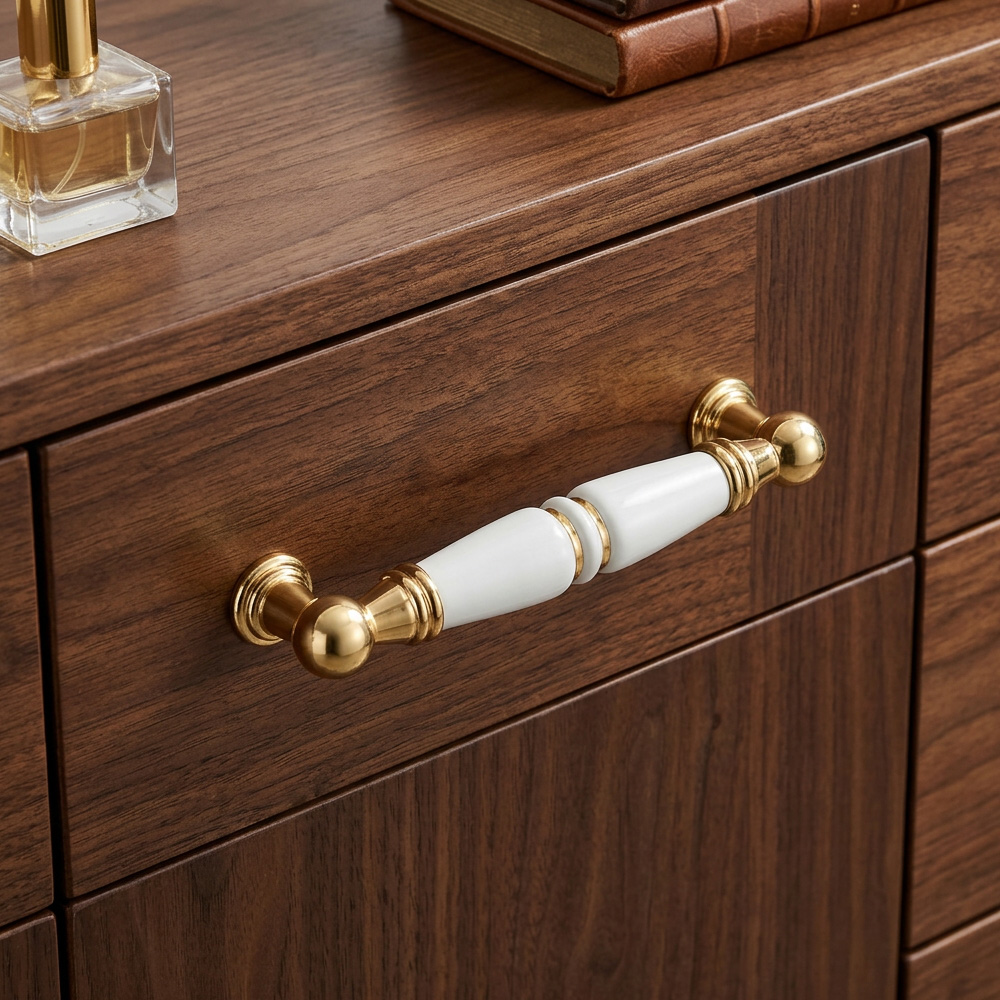 Light Luxury Gold White Creamic Kitchen Door Handles