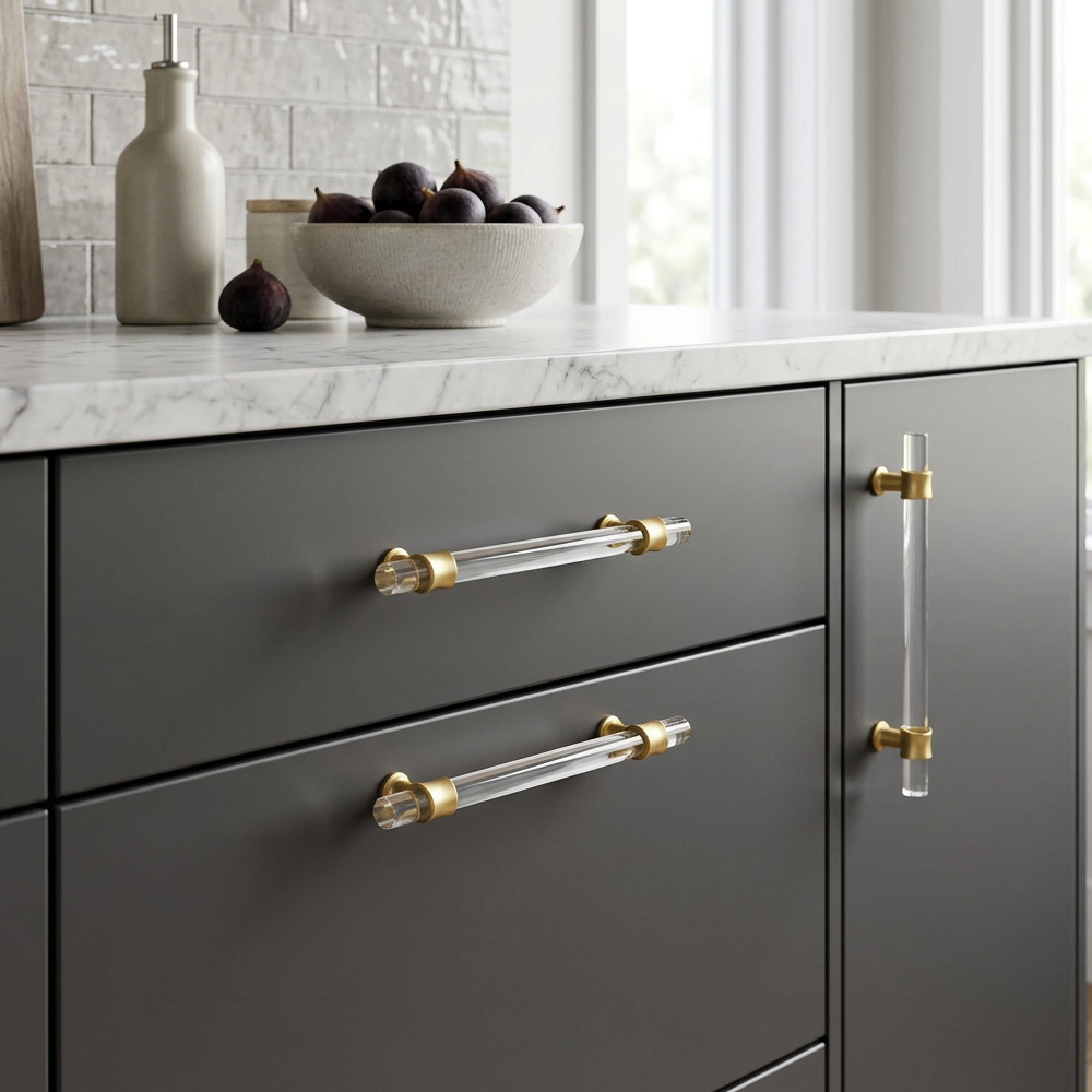 Clear Acrylic Solid Brass Base Drawer Pulls Cabinet Handles