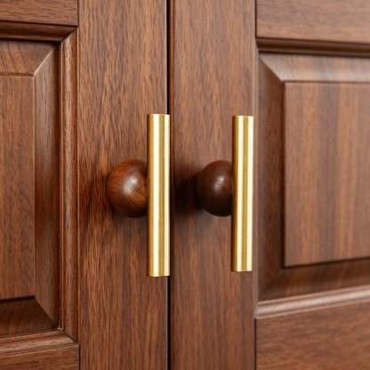 Warm Minimalist Brushed Brass Wood Cabinet Pulls