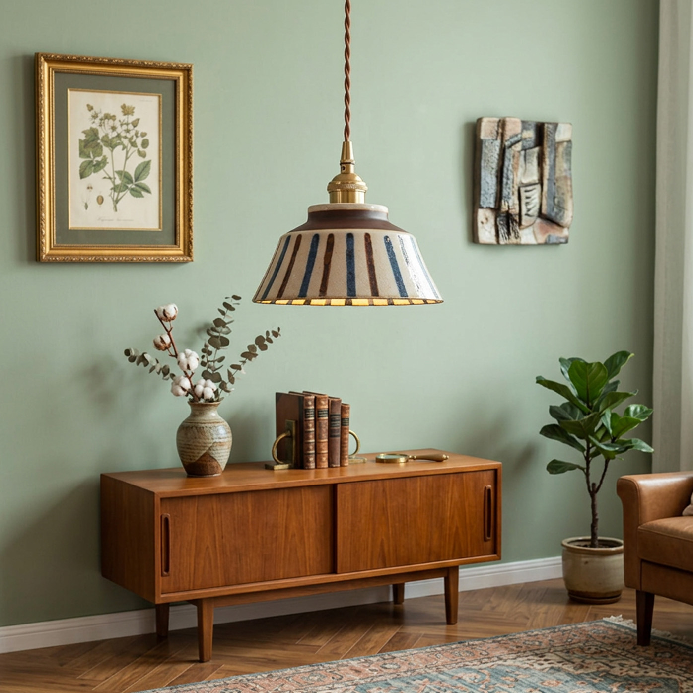 Mid-Century Hand-Painted Ceramic Pendant Light & Wall Sconce Set