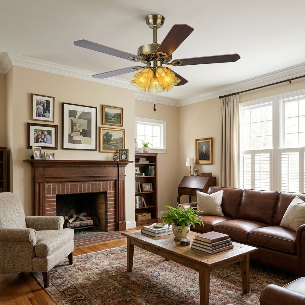 Semi-Flush Vintage Design Black Flower Shape Ceiling Fan With Light