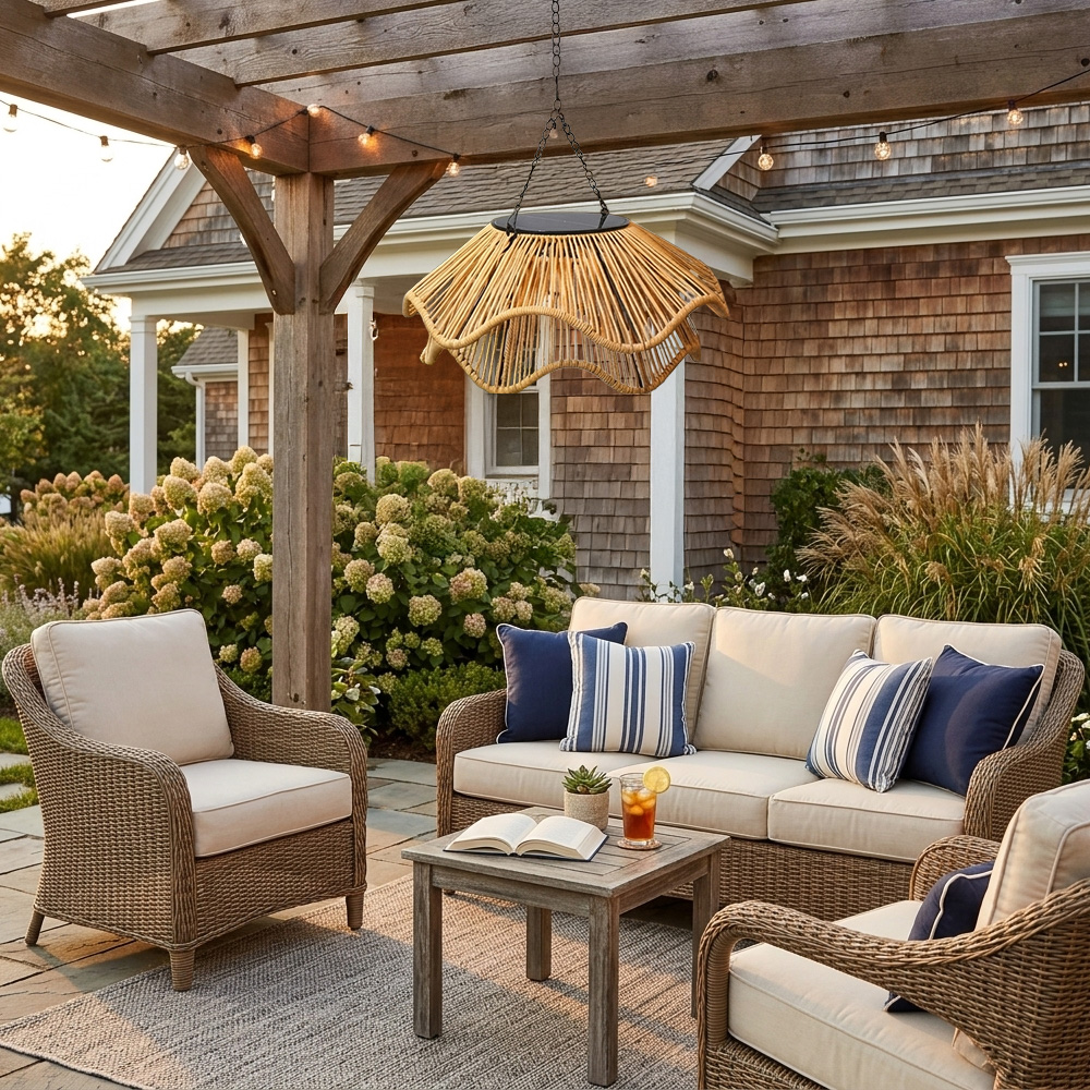 Boho Woven Waterproof Solar Pendant Light for Outdoor Patio