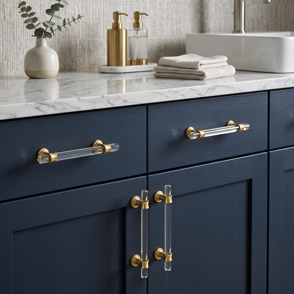 Clear Acrylic Solid Brass Base Drawer Pulls Cabinet Handles