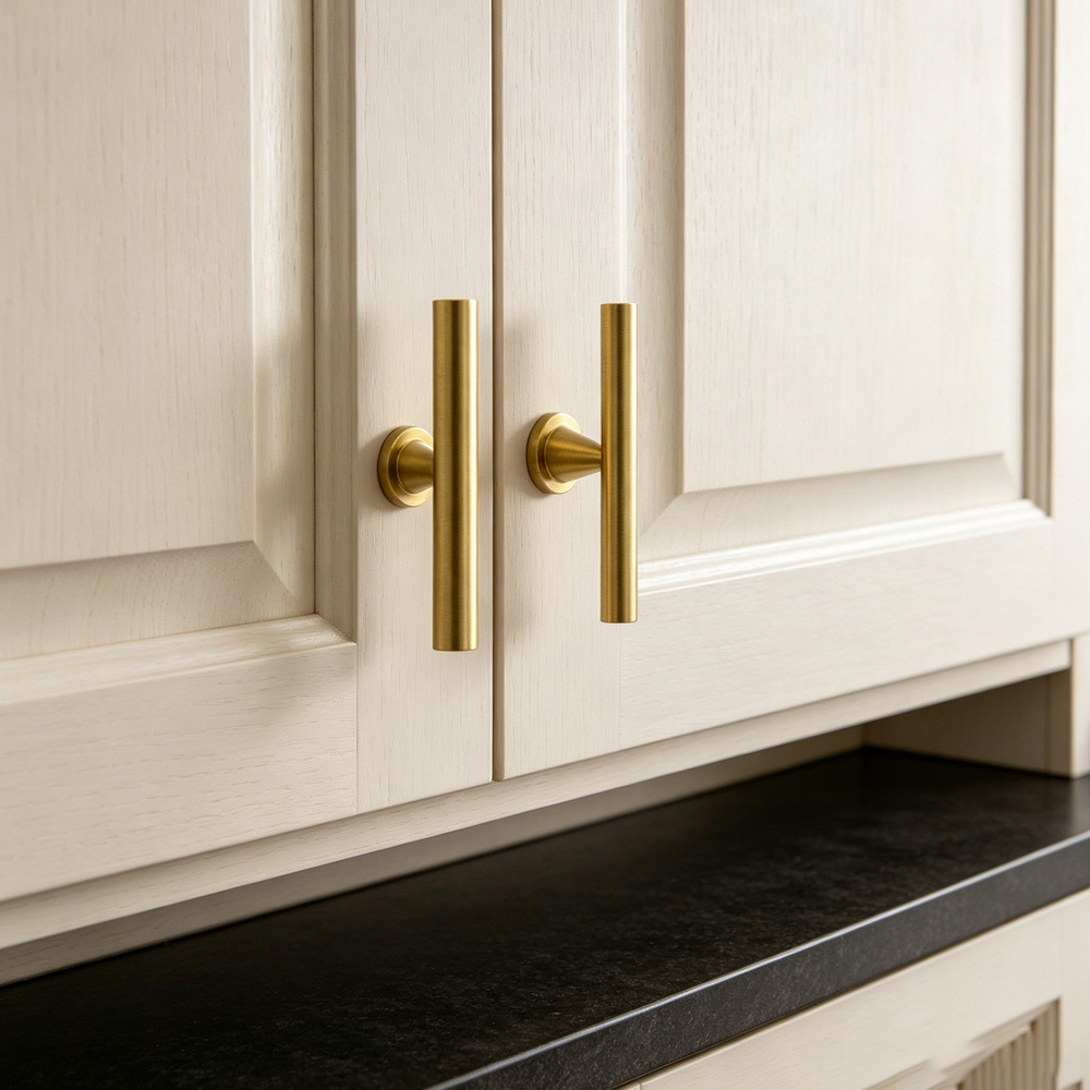 Warm Minimalist Brushed Brass Wood Cabinet Pulls