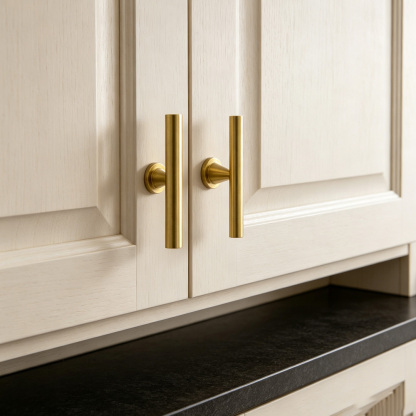 Warm Minimalist Brushed Brass Wood Cabinet Pulls