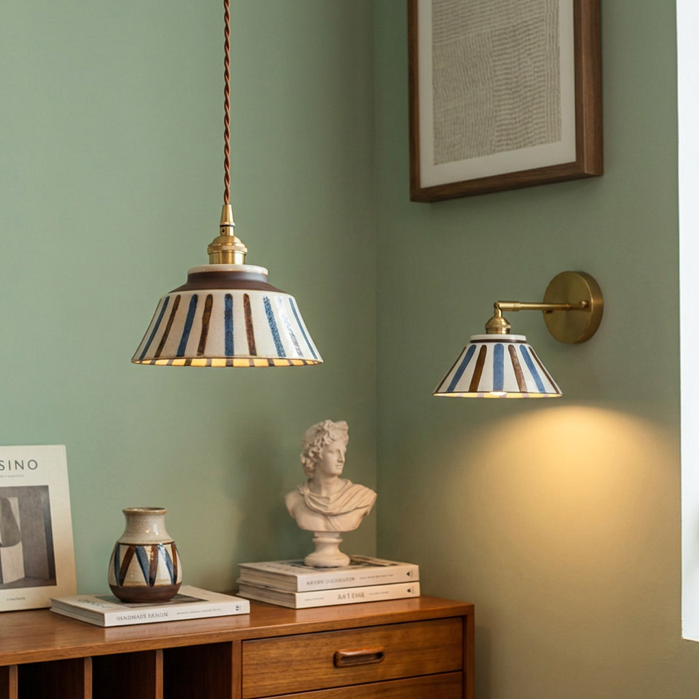 Mid-Century Hand-Painted Ceramic Pendant Light & Wall Sconce Set