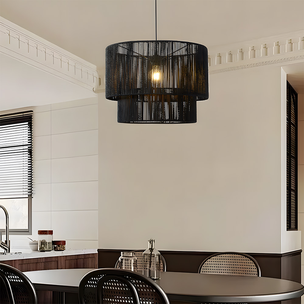 Rustic Industrial Pendant Light with Hemp Rope Iron Frame