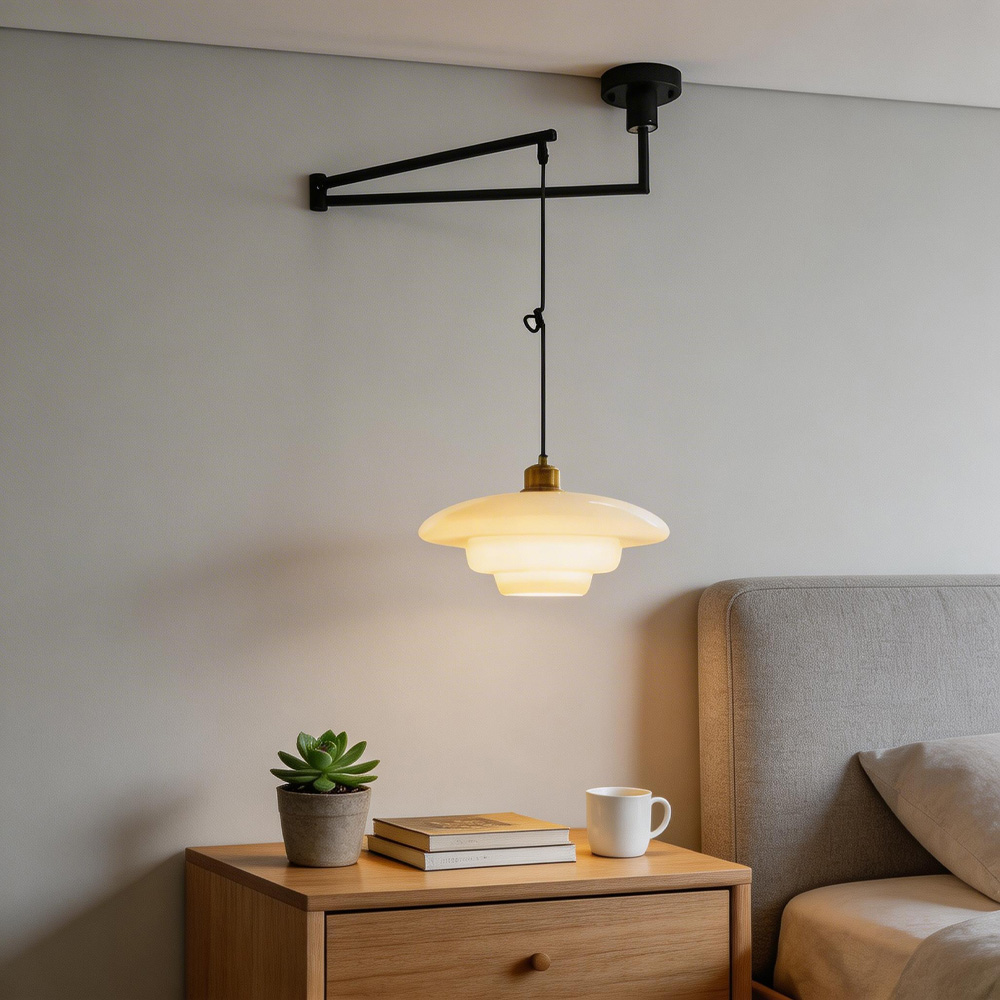 Modern White Glass Adjustable Swing Arm Pendant Light
