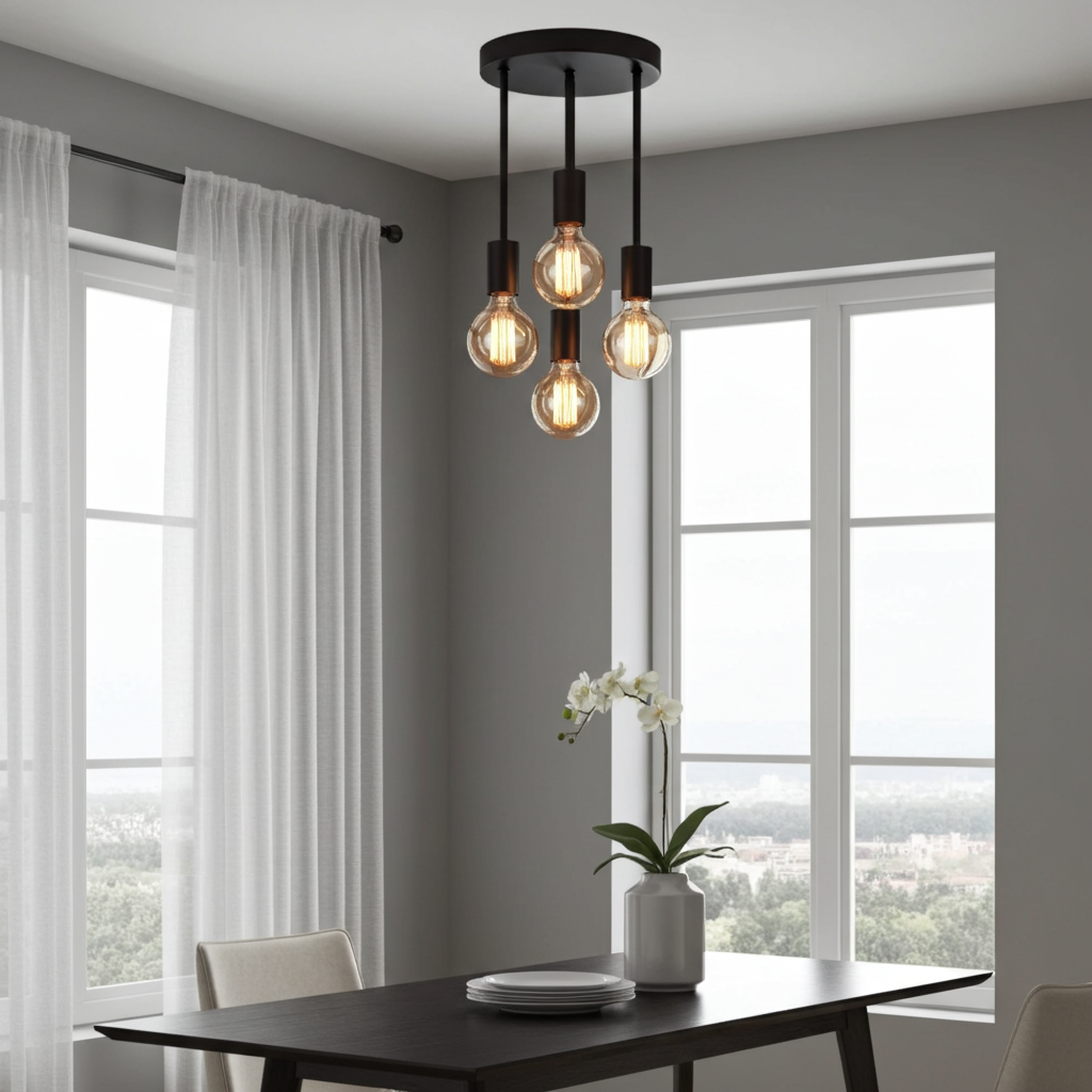 Farmhouse Industrial 4-Light Glass Pendant Light | Black Iron Light Fixtures