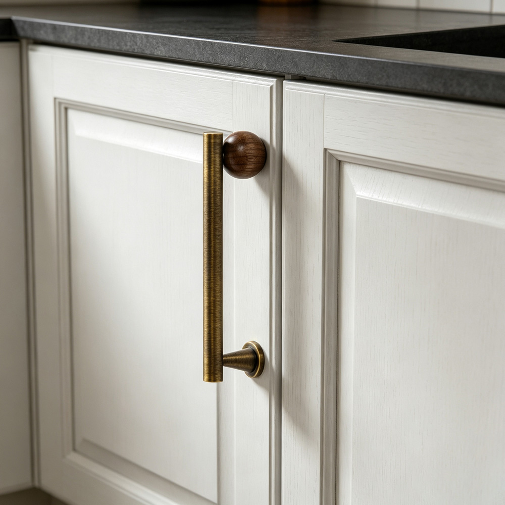 Warm Minimalist Brushed Brass Wood Cabinet Pulls