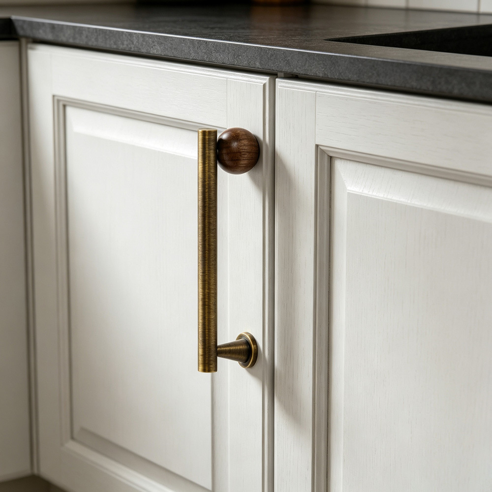 Warm Minimalist Brushed Brass Wood Cabinet Pulls