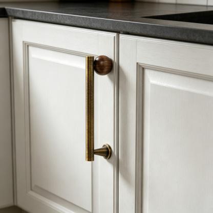 Warm Minimalist Brushed Brass Wood Cabinet Pulls