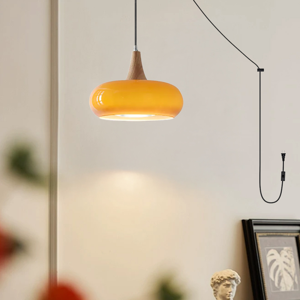 Modern Glass Wood Pendant Light |Plug in Hanging Light for Kitchen Island