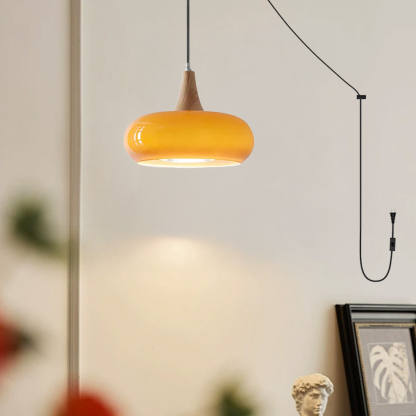 Modern Glass Wood Pendant Light |Plug in Hanging Light for Kitchen Island
