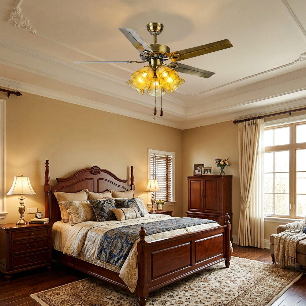 Semi-Flush Vintage Design Black Flower Shape Ceiling Fan With Light