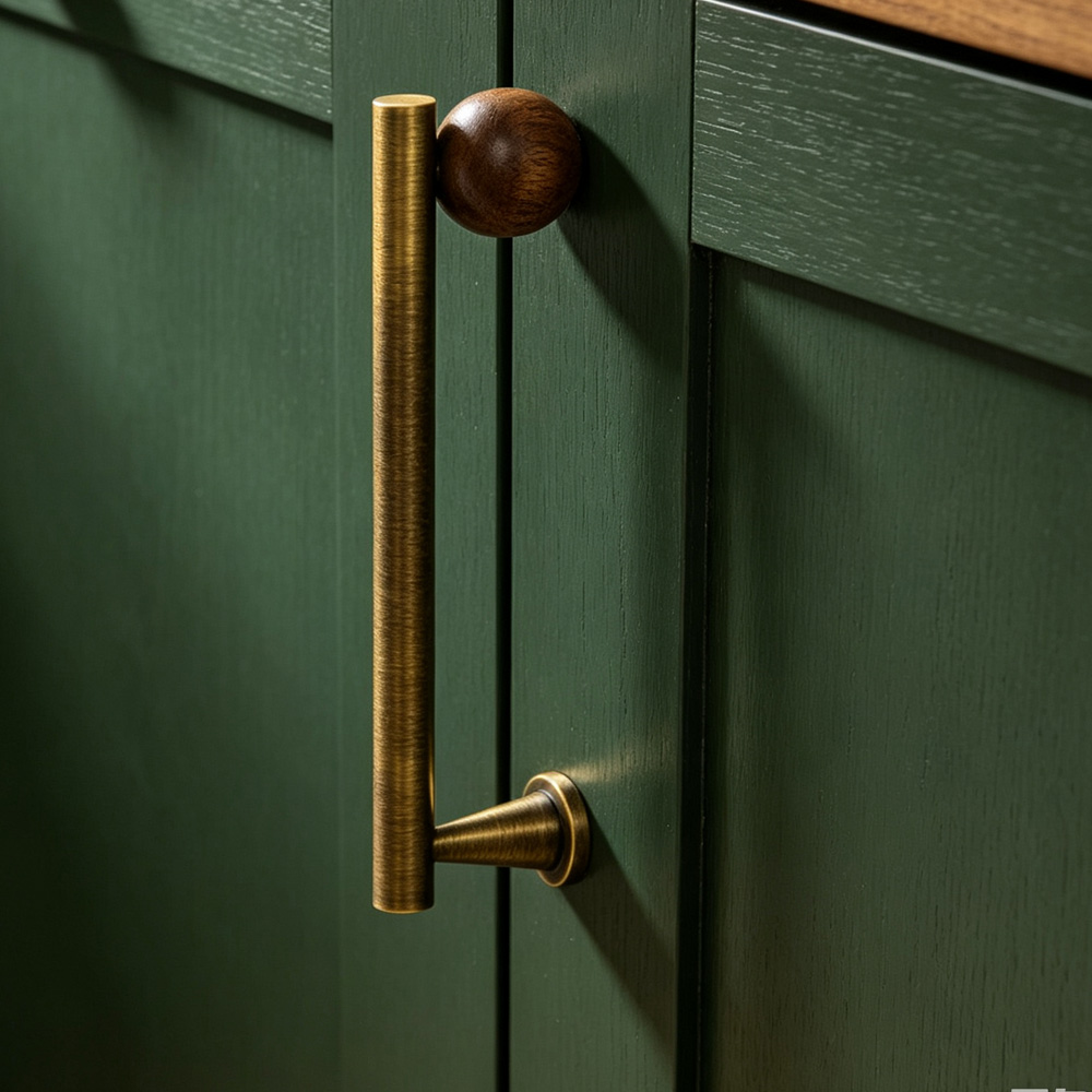 Warm Minimalist Brushed Brass Wood Cabinet Pulls