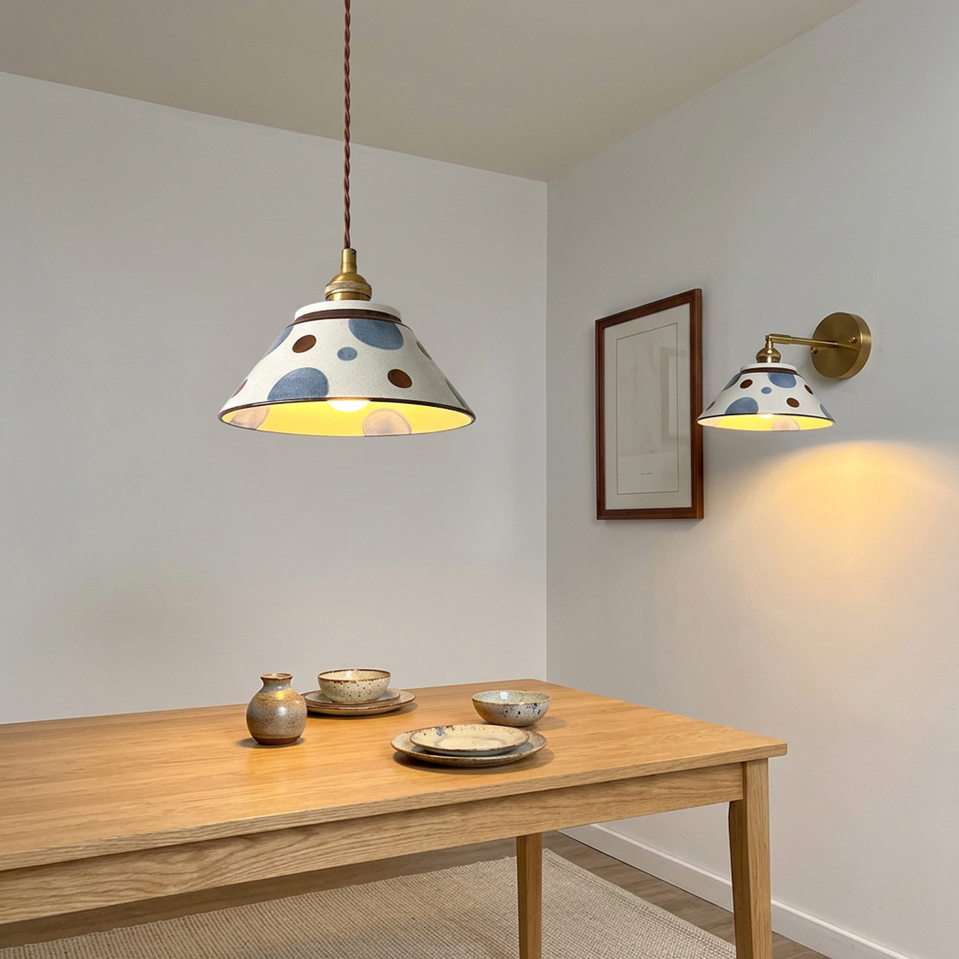 Blue Polka Dot Ceramic Pendant Light & Wall Sconce Set