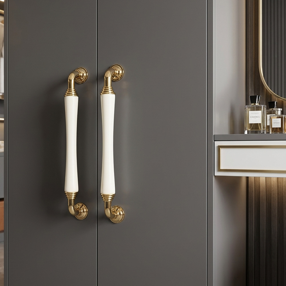 Light Luxury Gold White Creamic Kitchen Door Handles