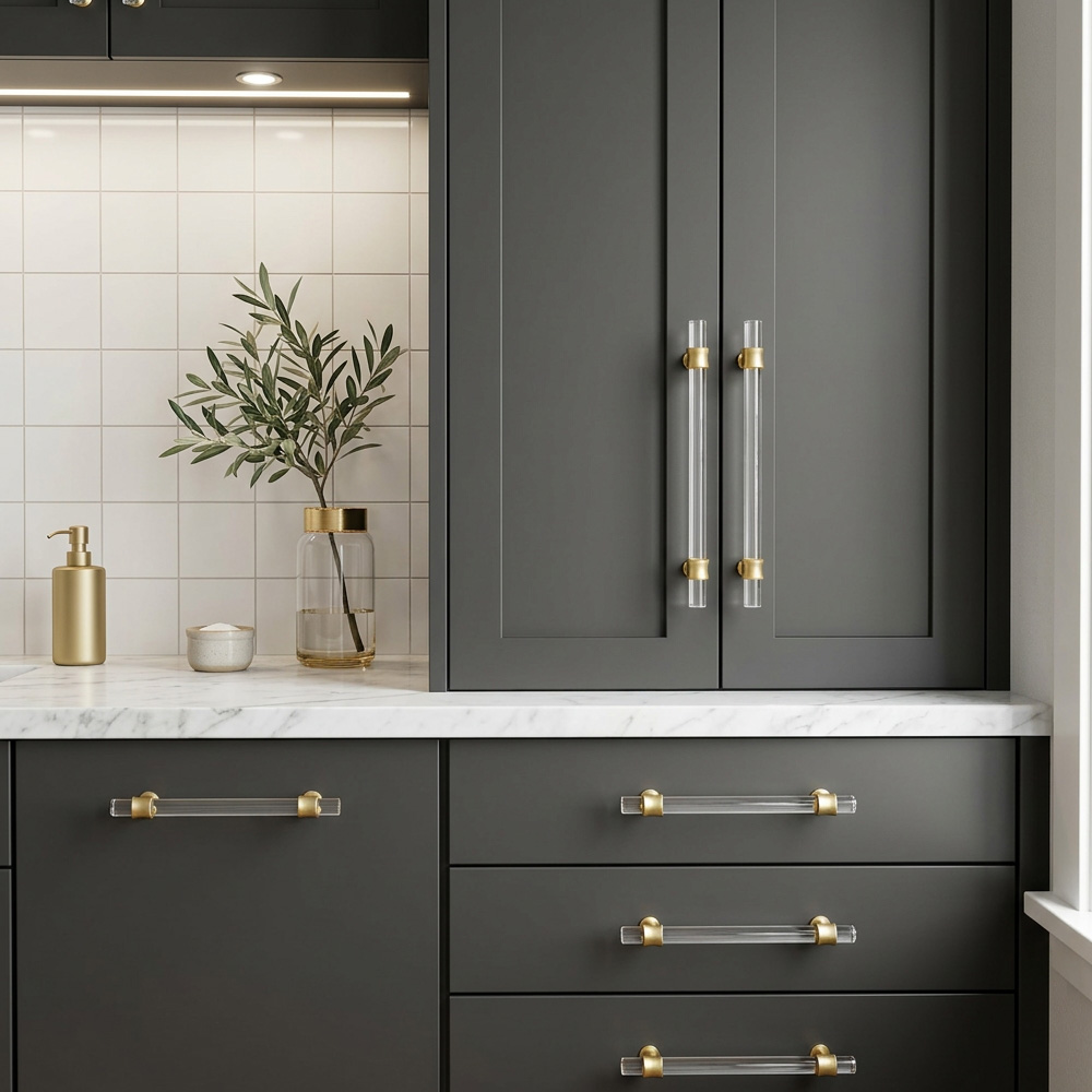 Clear Acrylic Solid Brass Base Drawer Pulls Cabinet Handles