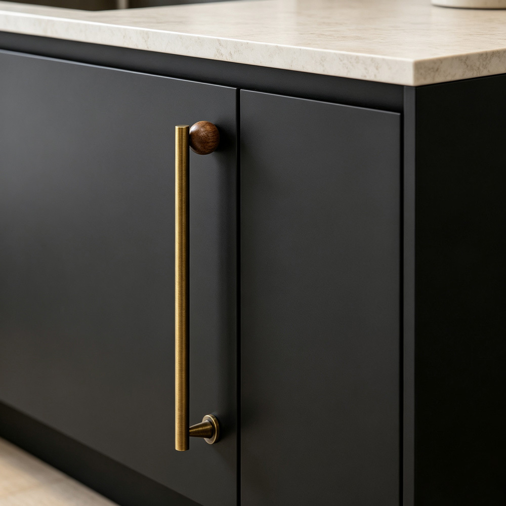 Warm Minimalist Brushed Brass Wood Cabinet Pulls