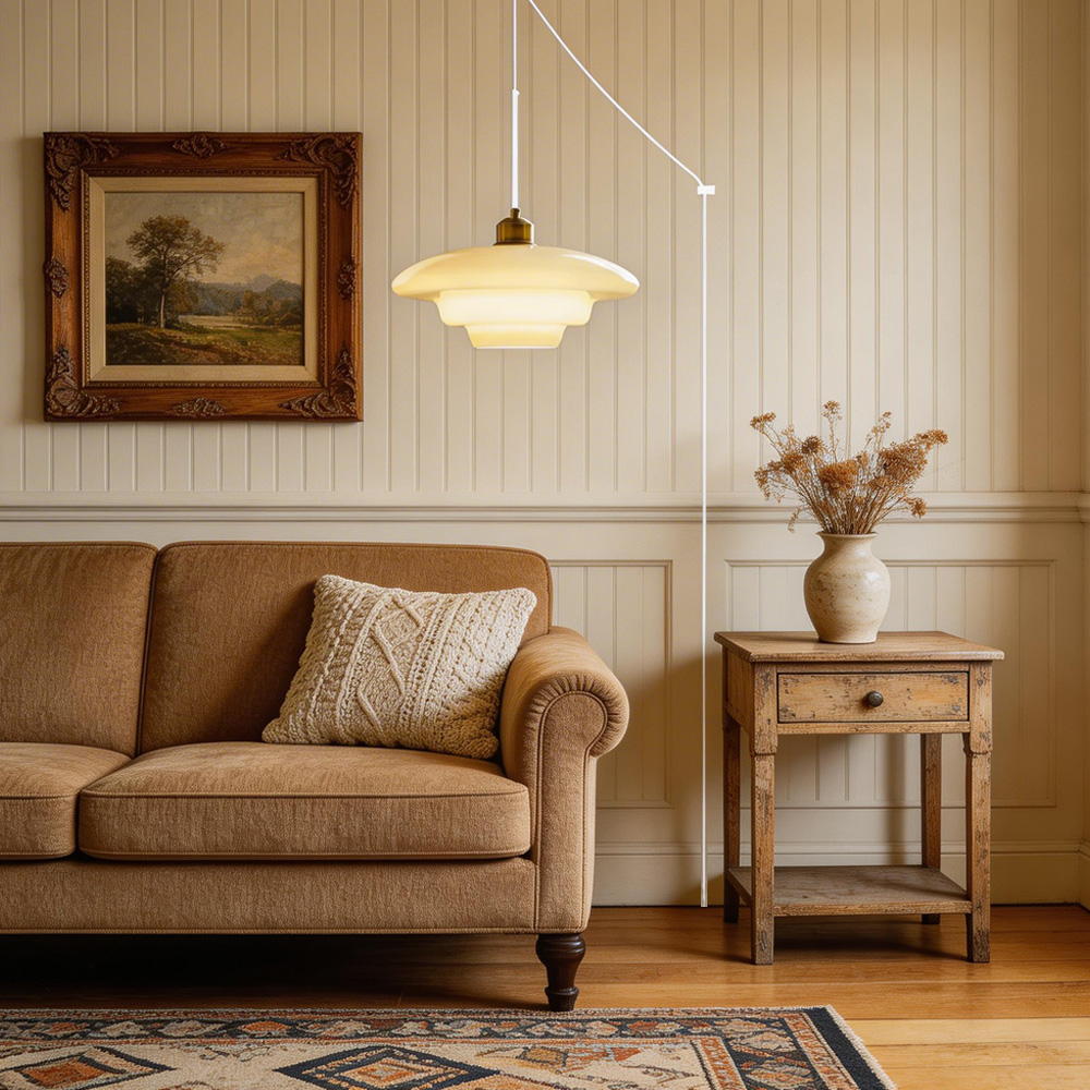 Mid Century Plug-in Milk White Glass Pendant Light