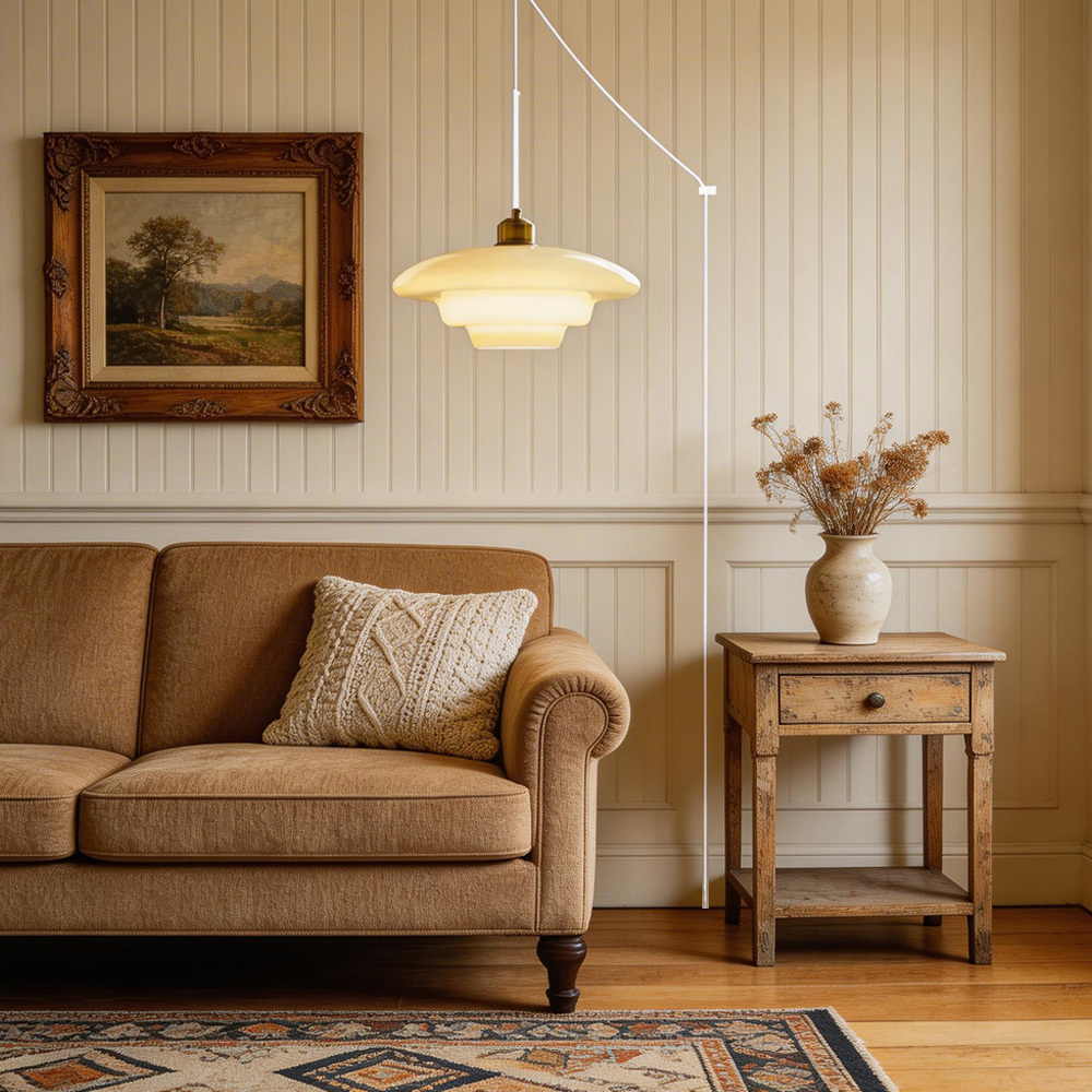Mid Century Plug-in Milk White Glass Pendant Light
