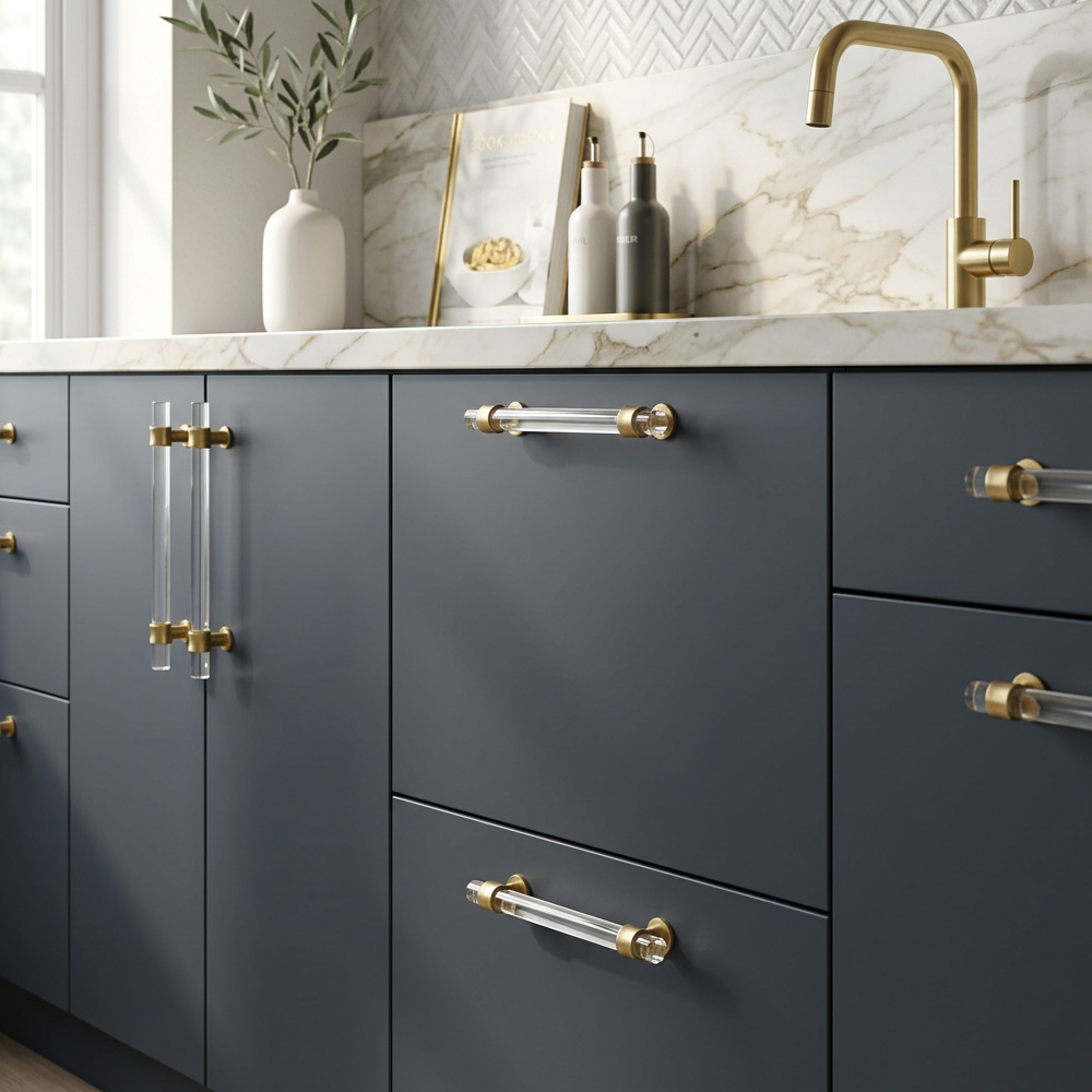 Clear Acrylic Solid Brass Base Drawer Pulls Cabinet Handles