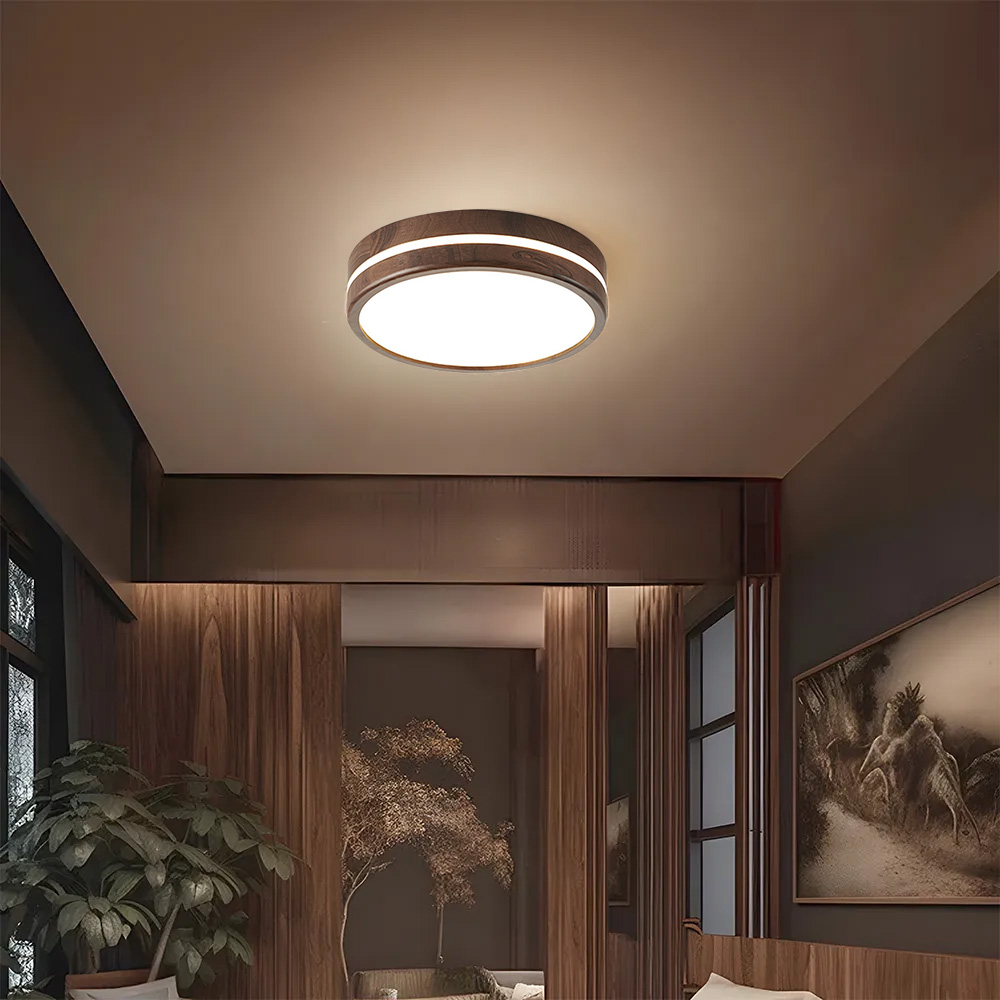 Minimalist Brown Round Wood LED Bedroom Ceiling Lamp