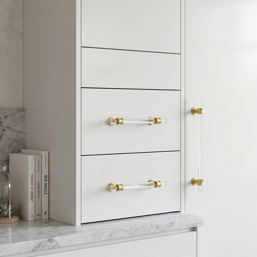Clear Acrylic Solid Brass Base Drawer Pulls Cabinet Handles