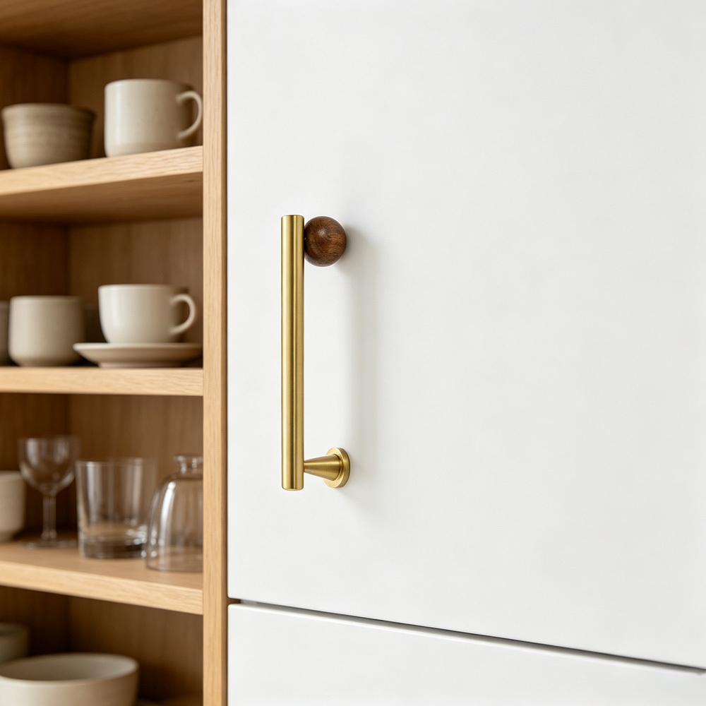 Warm Minimalist Brushed Brass Wood Cabinet Pulls