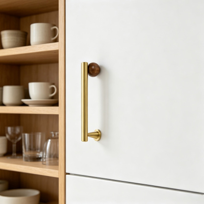 Warm Minimalist Brushed Brass Wood Cabinet Pulls