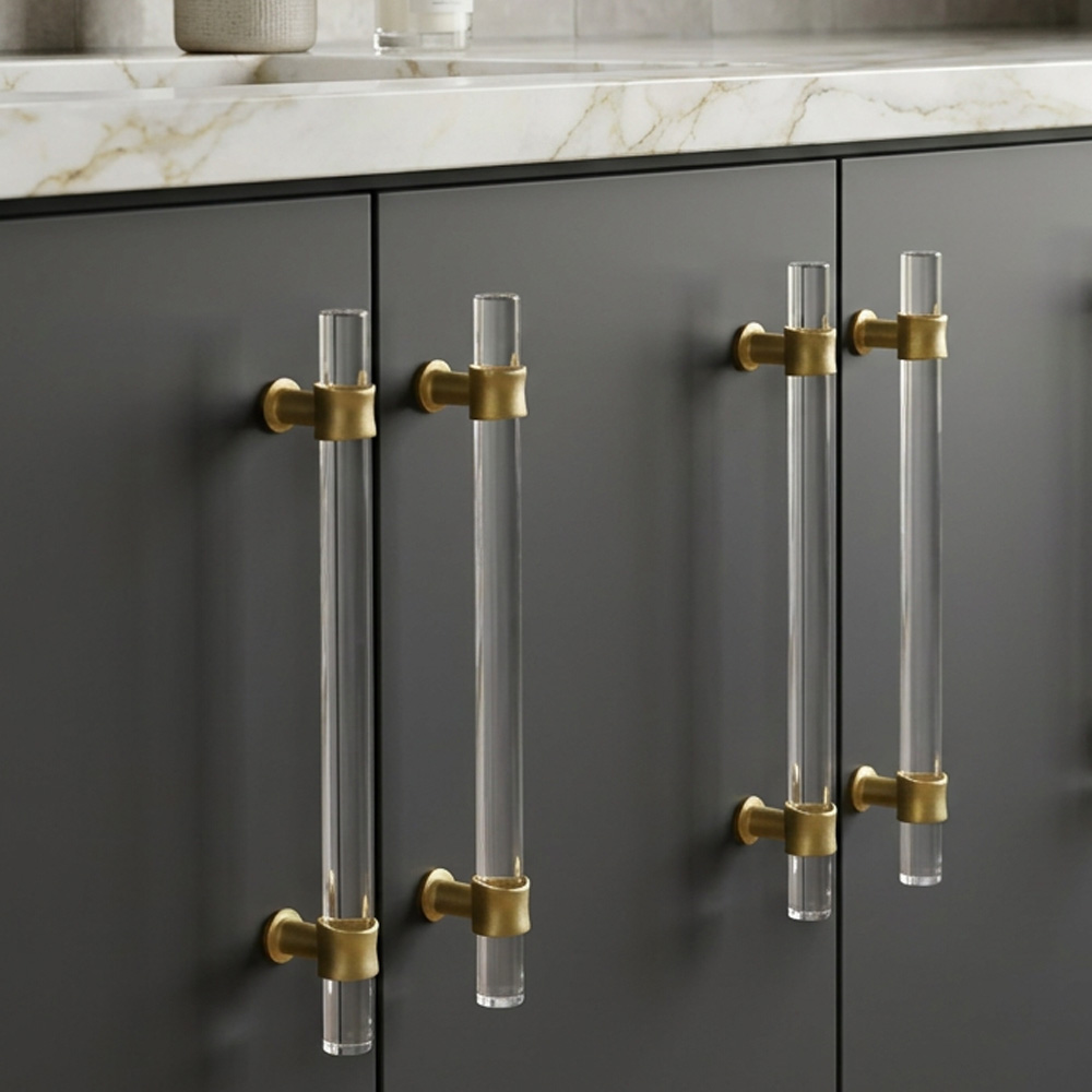 Clear Acrylic Solid Brass Base Drawer Pulls Cabinet Handles
