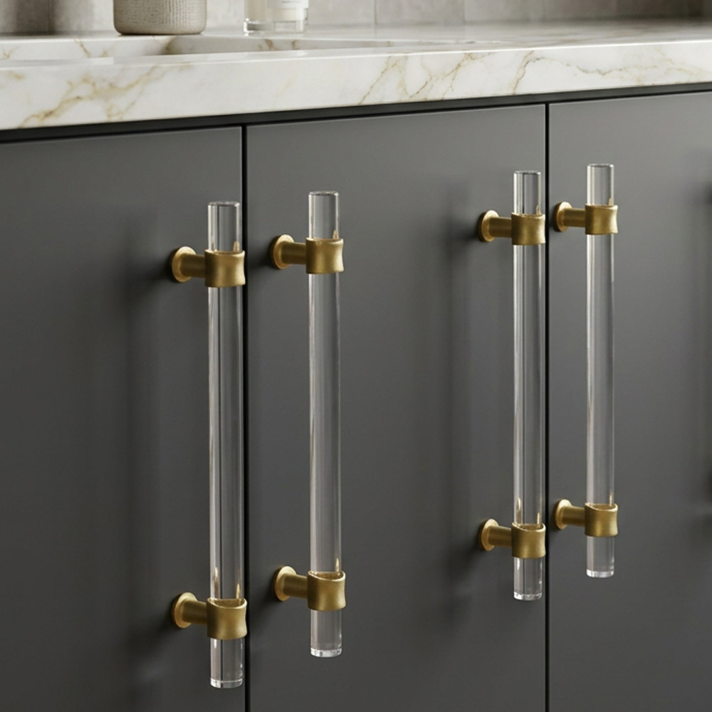 Clear Acrylic Solid Brass Base Drawer Pulls Cabinet Handles