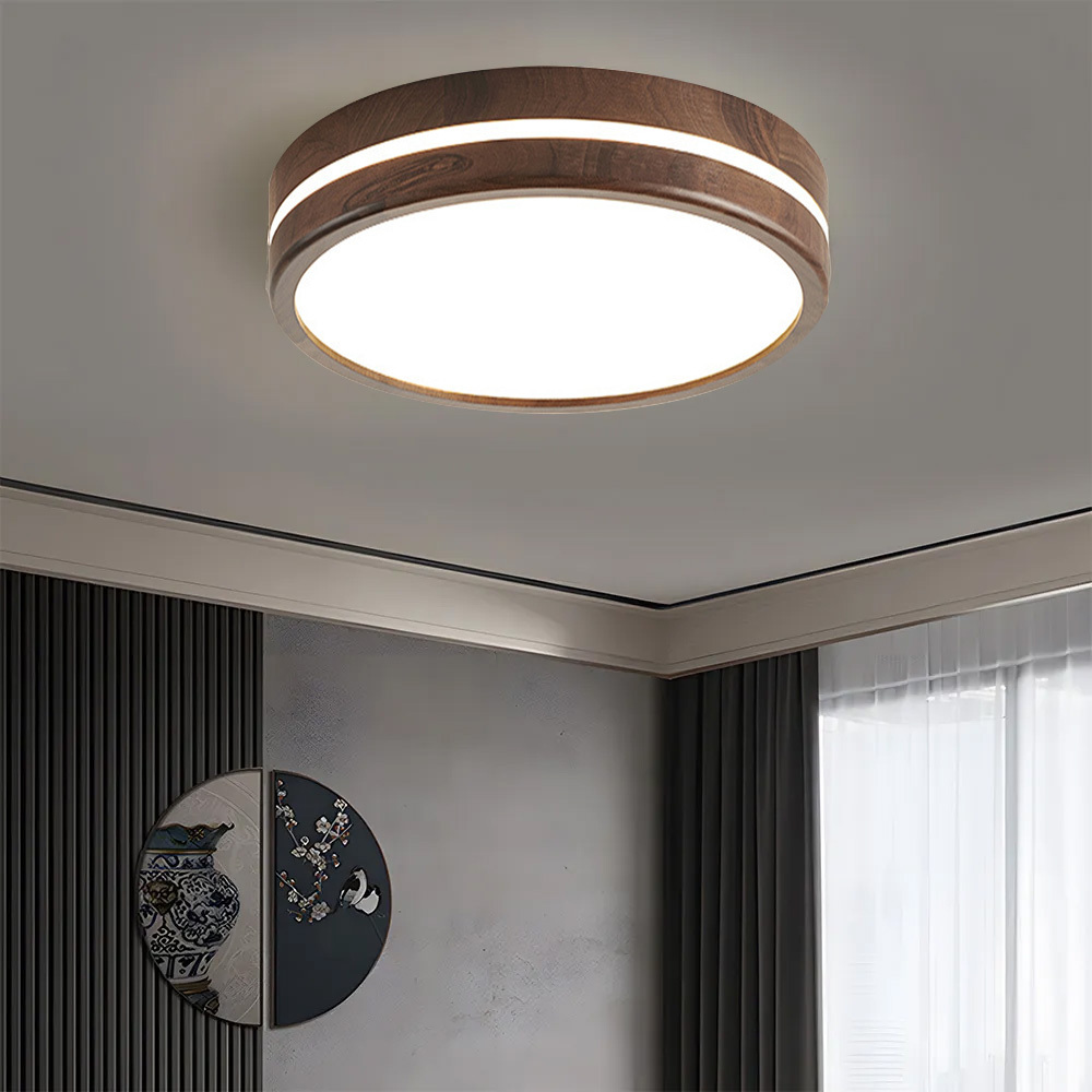 Minimalist Brown Round Wood LED Bedroom Ceiling Lamp