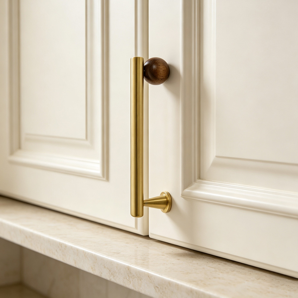 Warm Minimalist Brushed Brass Wood Cabinet Pulls