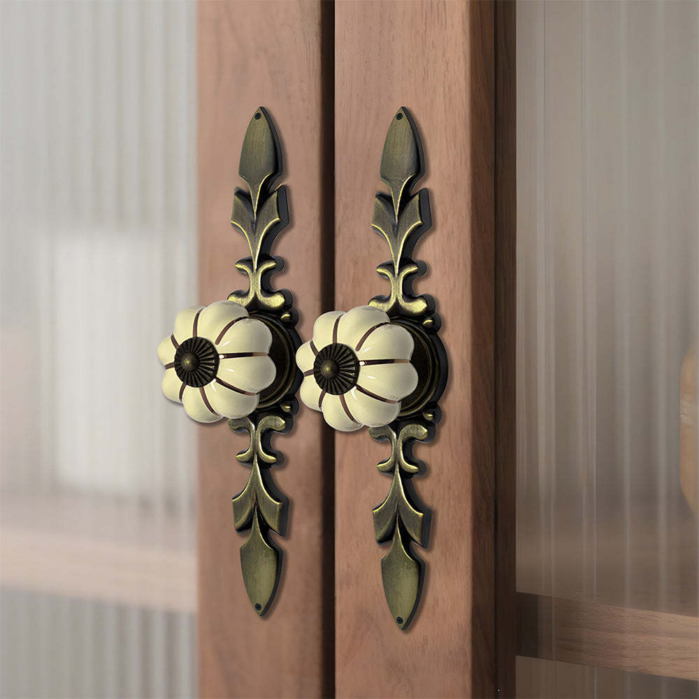 Vintage Pumpkin Ceramic & Zinc Alloy Drawer Handles with Leaf Backplate