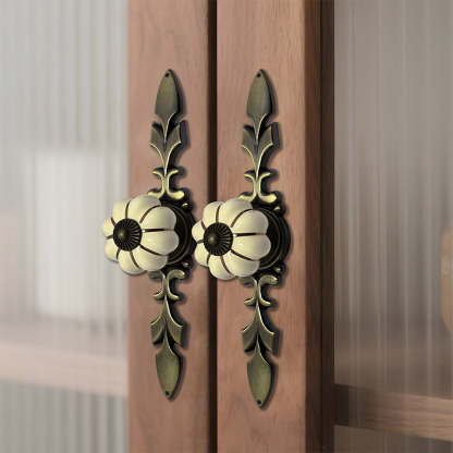 Vintage Pumpkin Ceramic & Zinc Alloy Drawer Handles with Leaf Backplate