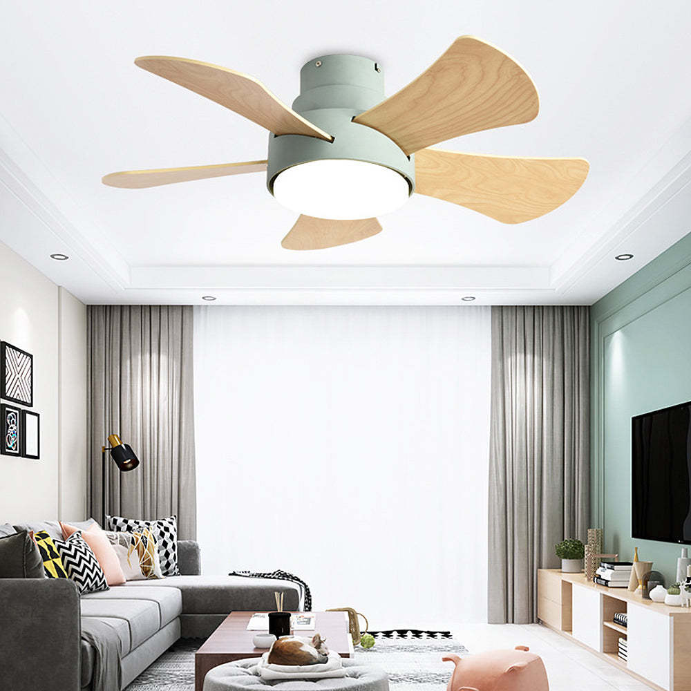 Modern Stylish Wood Dining Room Flush Ceiling Fan With LED Lighting -Homdiy