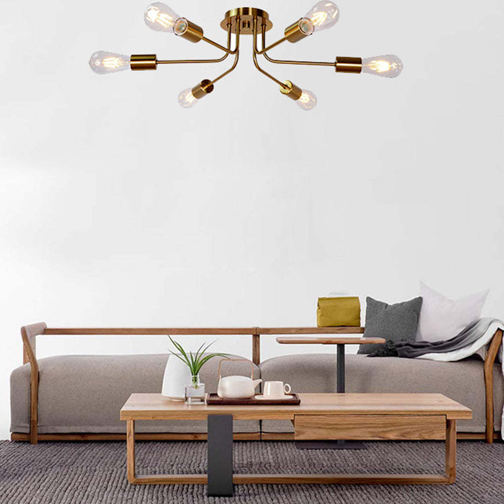 Modern 6-Light Gold Metal Sputnik Semi Flush Mount Chandelier -Homdiy