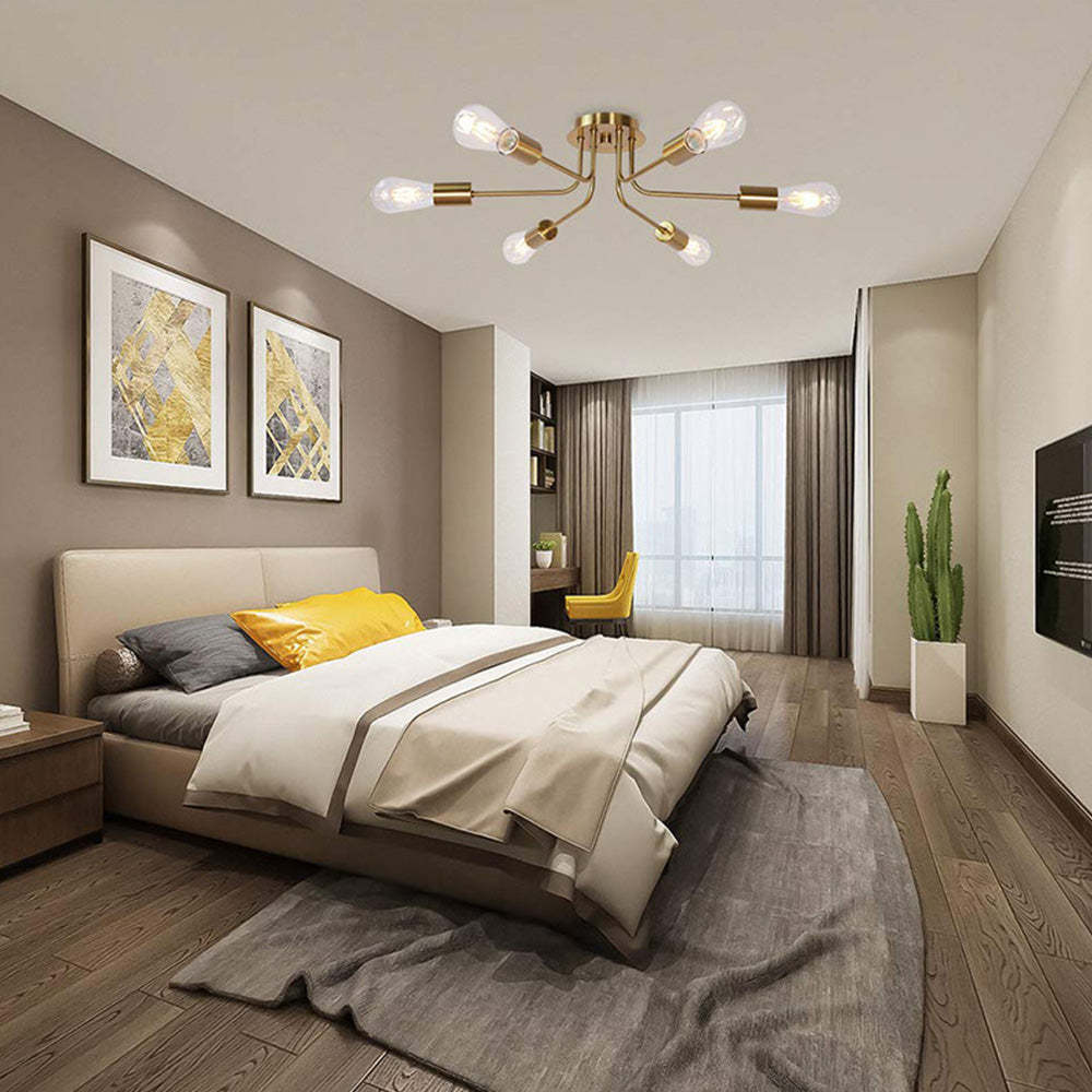 Modern 6-Light Gold Metal Sputnik Semi Flush Mount Chandelier -Homdiy