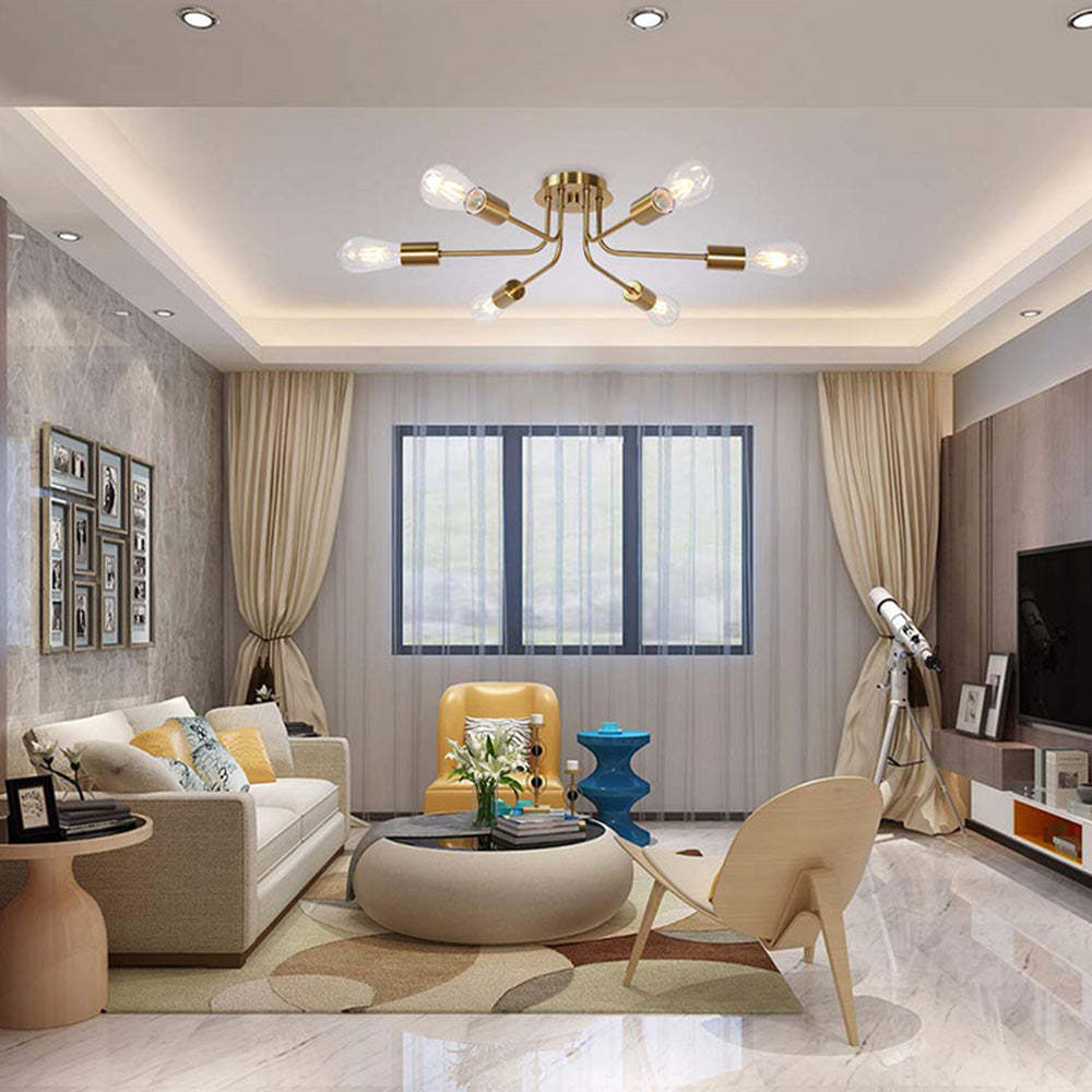 Modern 6-Light Gold Metal Sputnik Semi Flush Mount Chandelier -Homdiy