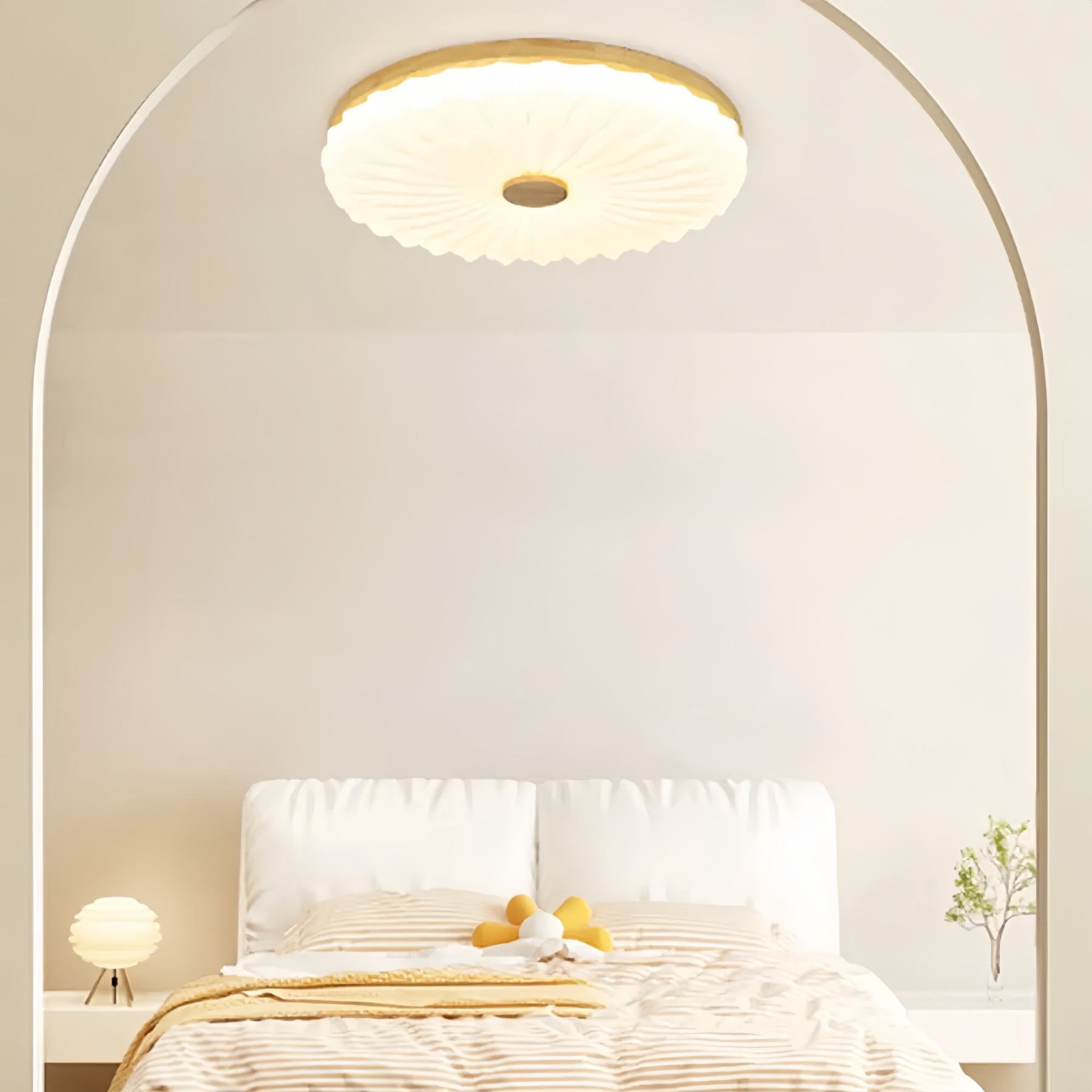 Flush Mount Wood White LED Bedroom Ceiling Light
