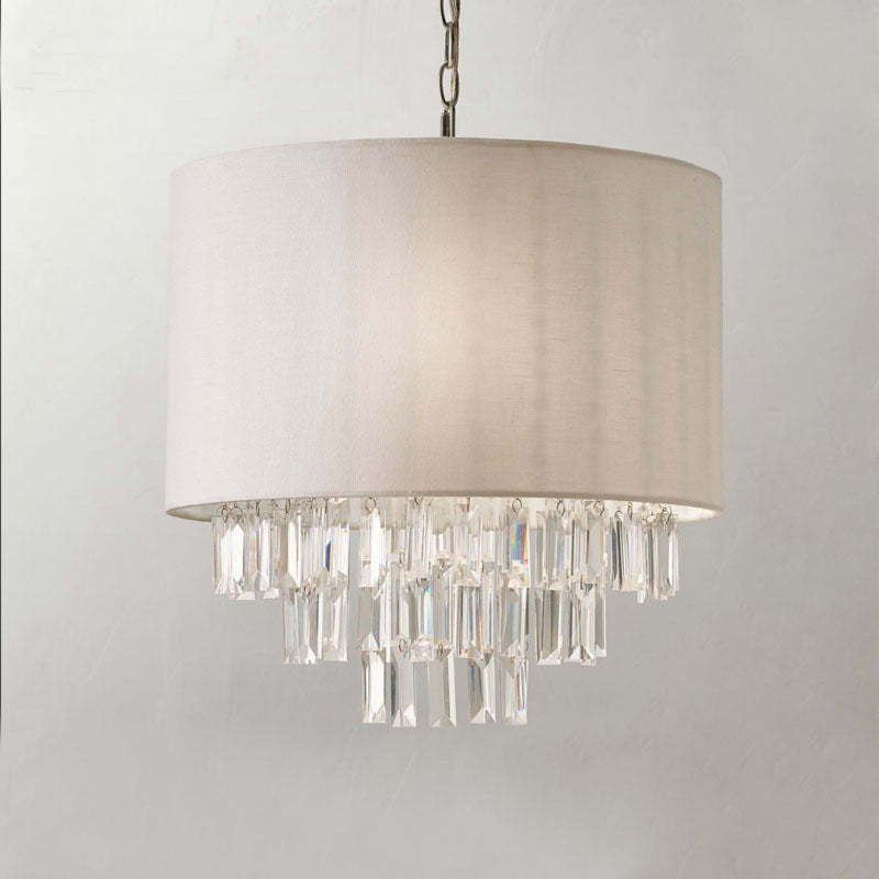 Modern Fabric Shade Rectangular-Cut Crystal Drum Hanging Chandelier -Homdiy