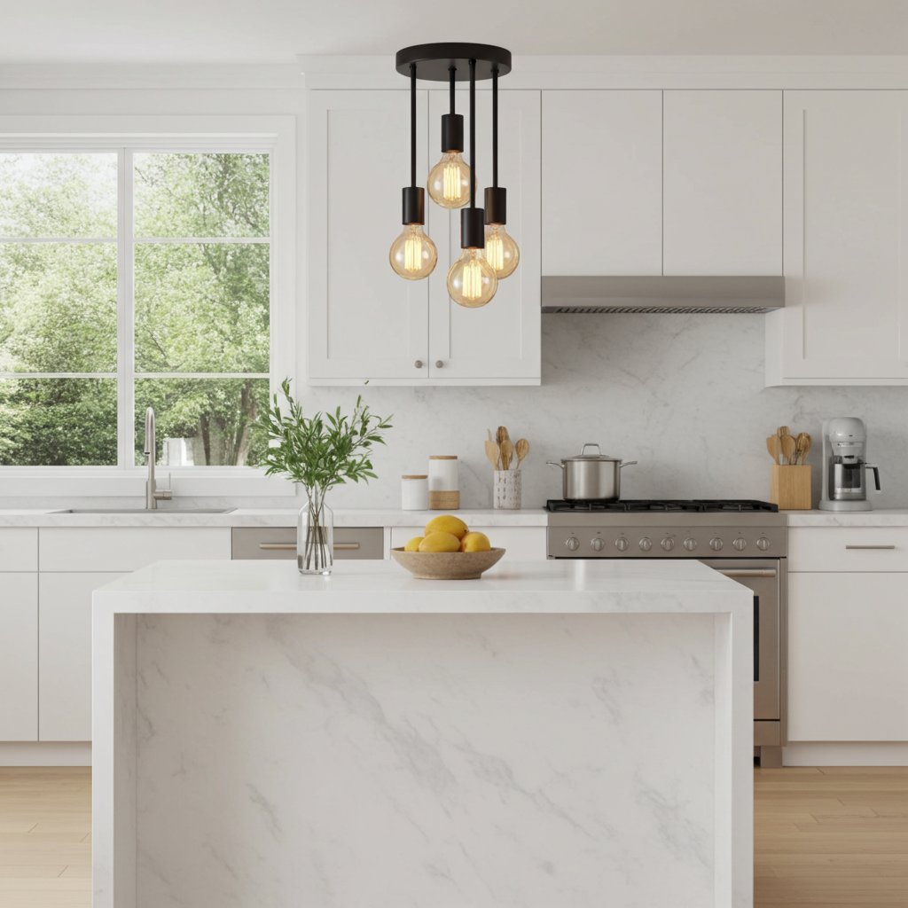 Farmhouse Industrial Black Iron Glass 4-Light Ceiling Light