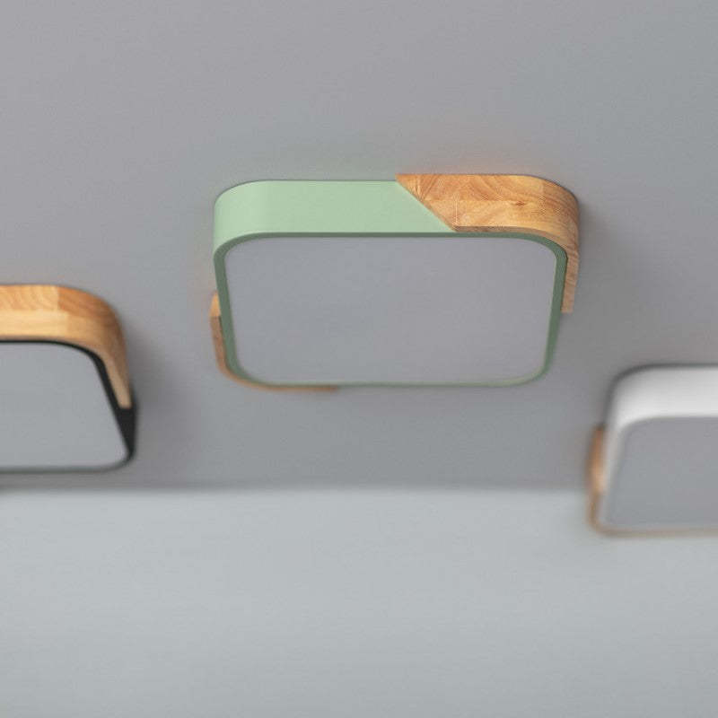 Square Wood And Metal Flush Mount LED Dimmable Ceiling Light -Homdiy