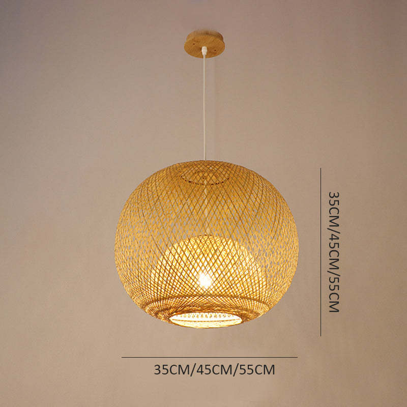 Farmhouse Bamboo Round Ceiling Light Fixtures Wicker Lantern Pendant Light -Homdiy