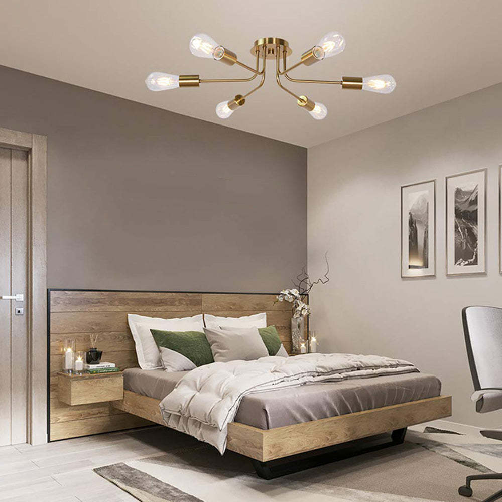 Modern 6-Light Gold Metal Sputnik Semi Flush Mount Chandelier -Homdiy