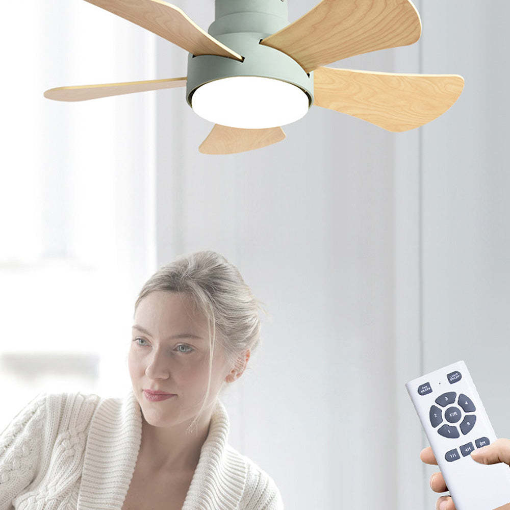 Modern Stylish Wood Dining Room Flush Ceiling Fan With LED Lighting -Homdiy